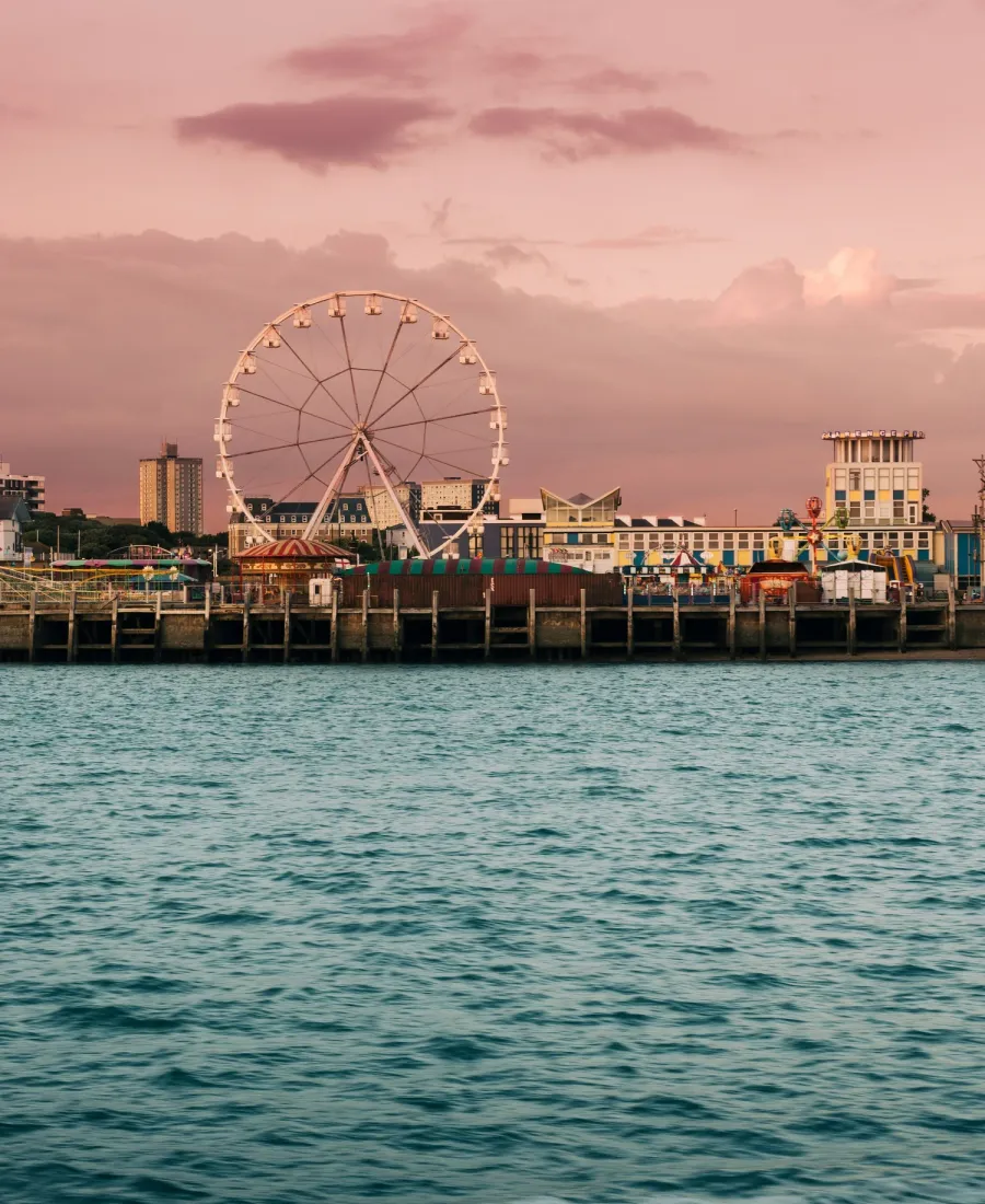 Southsea seafront at dusk, the big wheel lit up